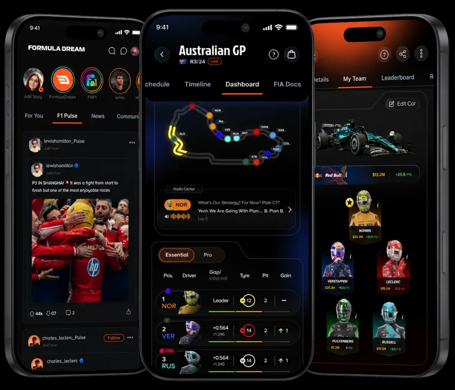 The Formula Dream app: feed, race centre, and fantasy team screens