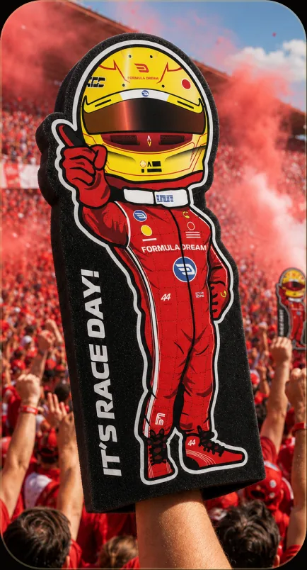 A lil' Champ: a Formula Dream driver figure held up in the crowd