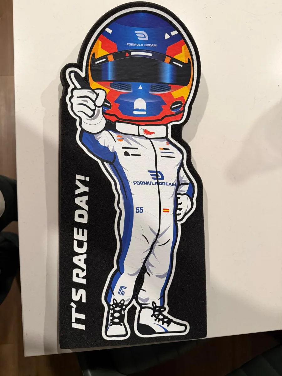 A white and blue lil' Champ foam finger