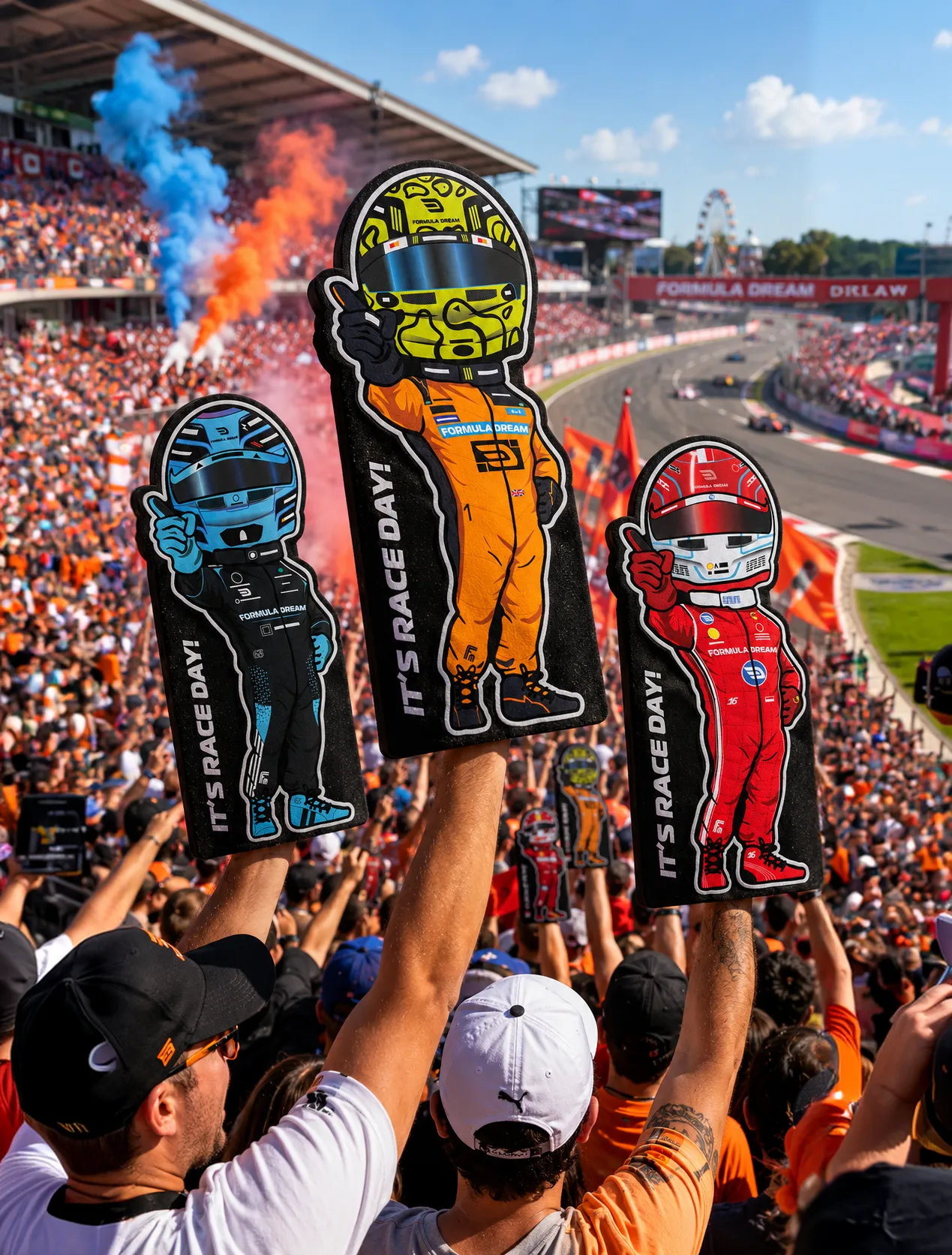 Three lil' Champs foam fingers held up in a race-day crowd