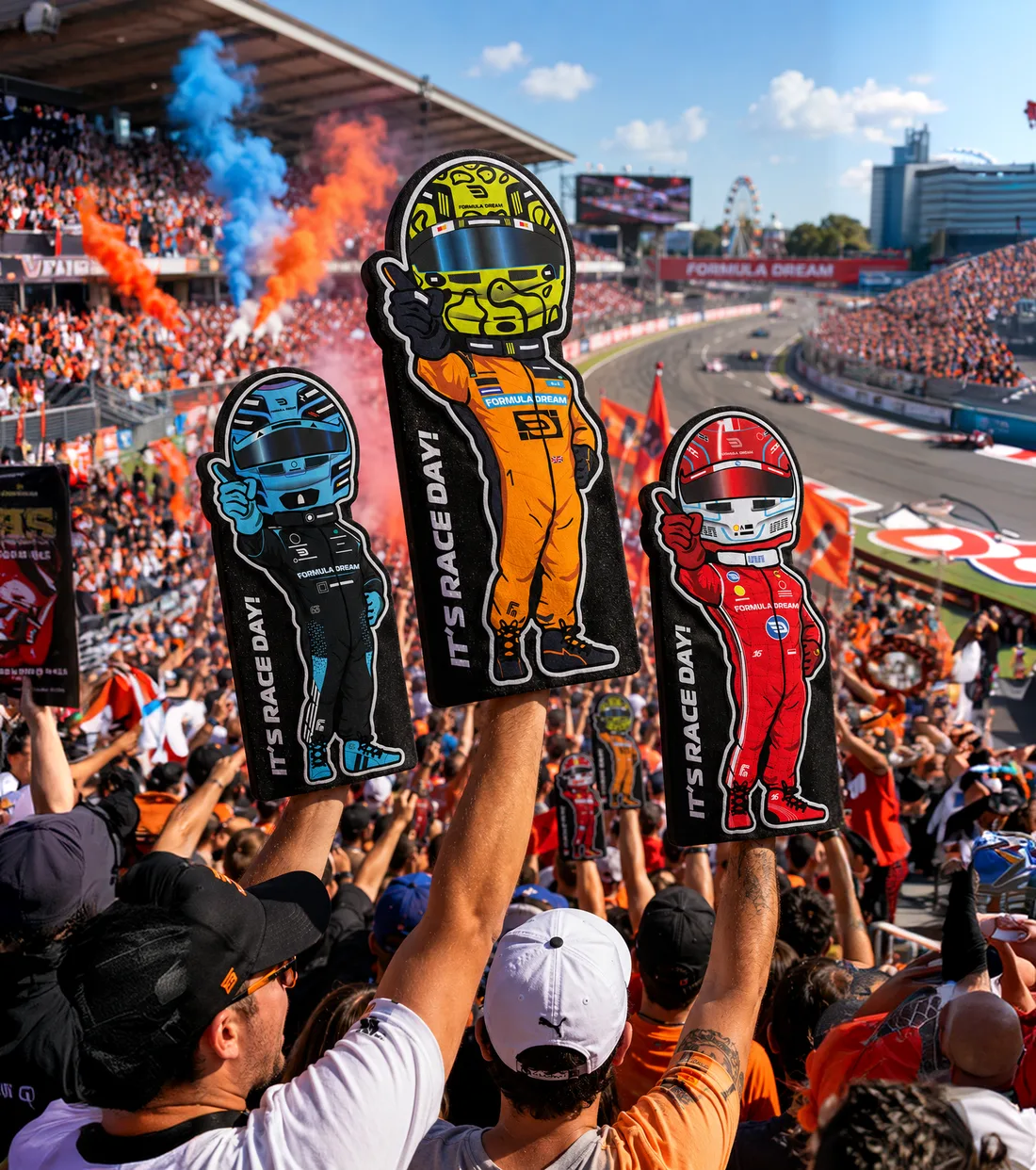 Fans holding up lil’ Champs driver cutouts in a packed grandstand