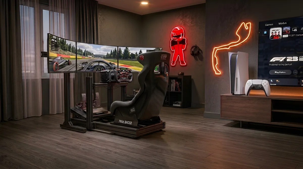 A full sim racing rig with a triple-screen setup, in a room lit by neon
