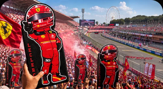 A lil’ Champ foam-finger driver cutout held up in a packed grandstand