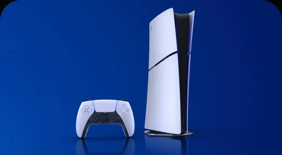 A PlayStation 5 console and its controller on a deep blue ground