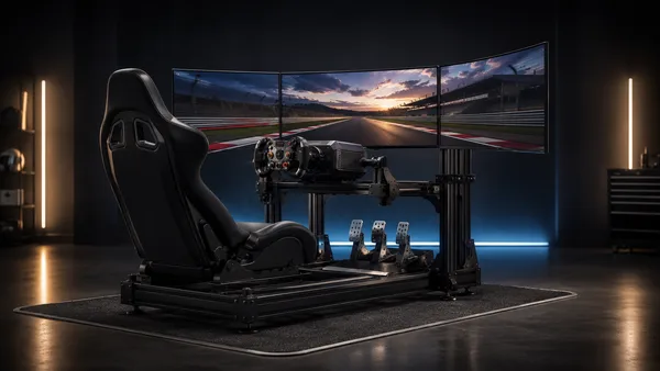 A Next Level Racing GTLite cockpit with a Logitech wheel and pedals