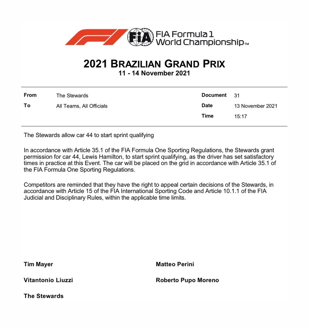 Official feed card